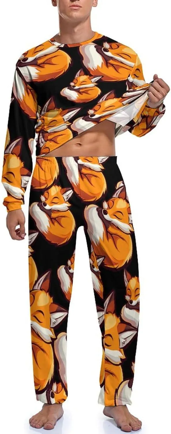 Fox Sleeping Print Mens Pajamas Set Long Sleeves Sleepwear Loungewear PJ Set Lounge Set Sleep Set