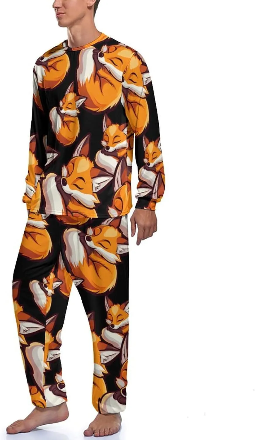 Fox Sleeping Print Mens Pajamas Set Long Sleeves Sleepwear Loungewear PJ Set Lounge Set Sleep Set