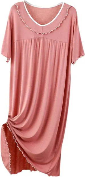 Frilly Nightgowns for Women Short Sleeve Babydoll Nightshirts Casual Pleated V Neck Sleepwear Modal Nightdress Pajama