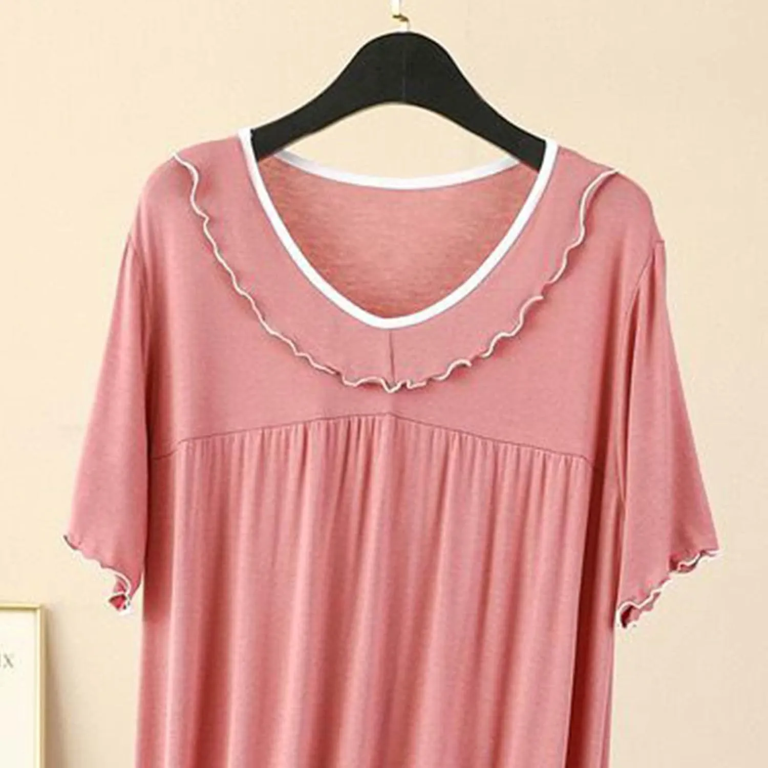Frilly Nightgowns for Women Short Sleeve Babydoll Nightshirts Casual Pleated V Neck Sleepwear Modal Nightdress Pajama