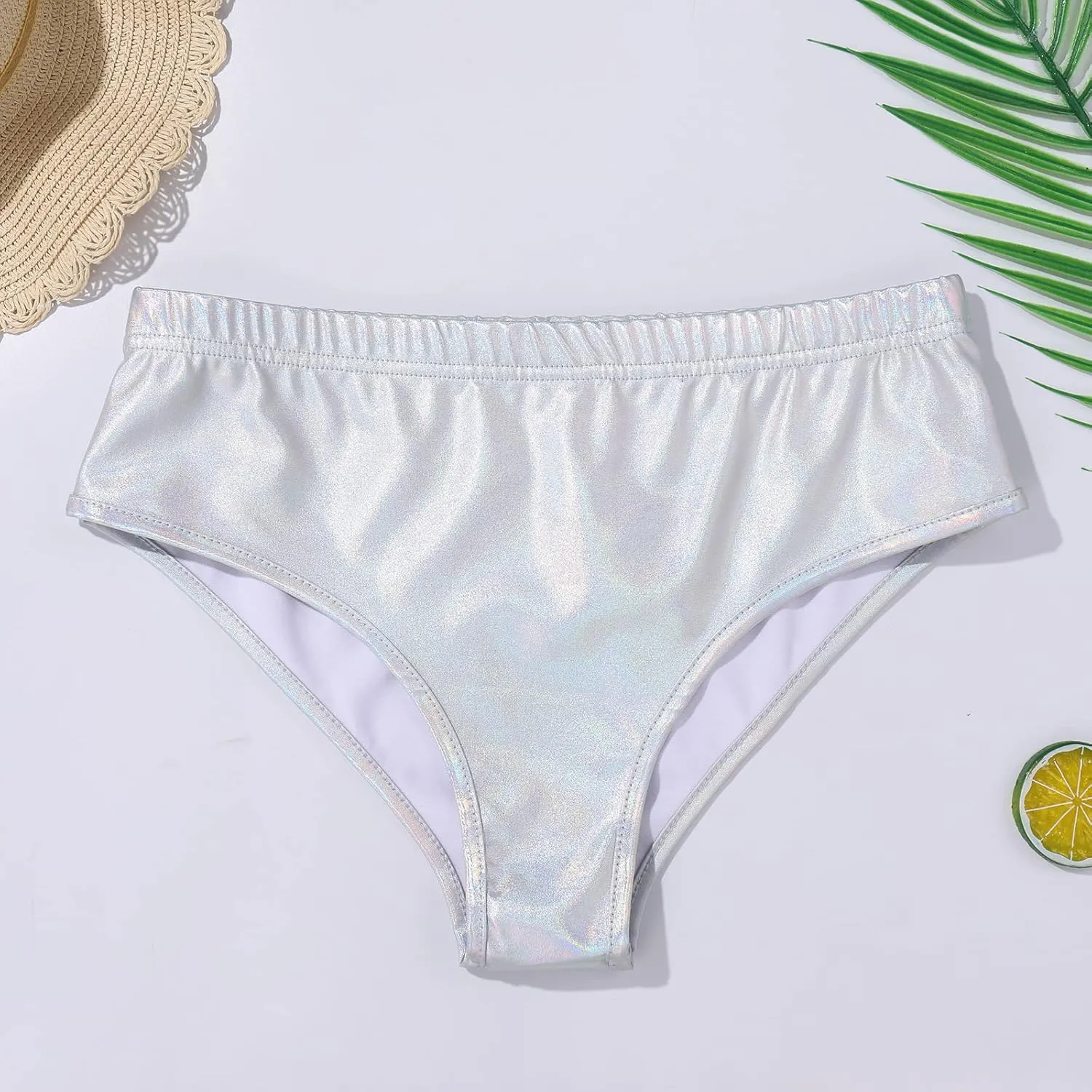 FYMNSI Women Sexy Metallic Bikini Set Shiny Holographic Strapless Bandeau Tube Top Shorts Bottom 2PCS Swimsuit Rave Outfit