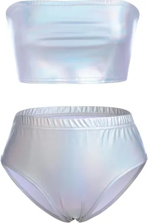 FYMNSI Women Sexy Metallic Bikini Set Shiny Holographic Strapless Bandeau Tube Top Shorts Bottom 2PCS Swimsuit Rave Outfit