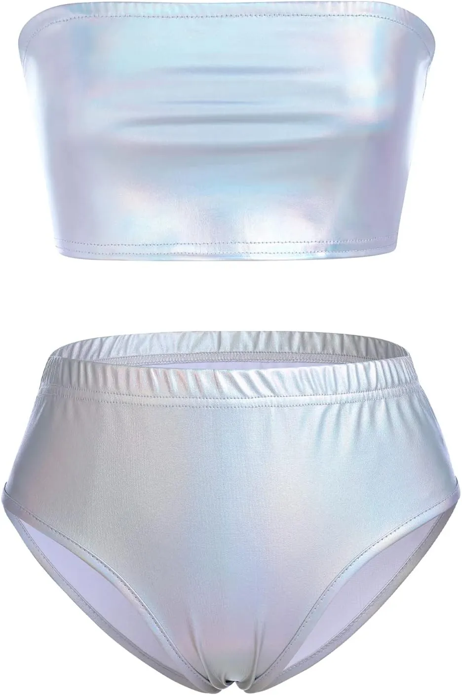 FYMNSI Women Sexy Metallic Bikini Set Shiny Holographic Strapless Bandeau Tube Top Shorts Bottom 2PCS Swimsuit Rave Outfit