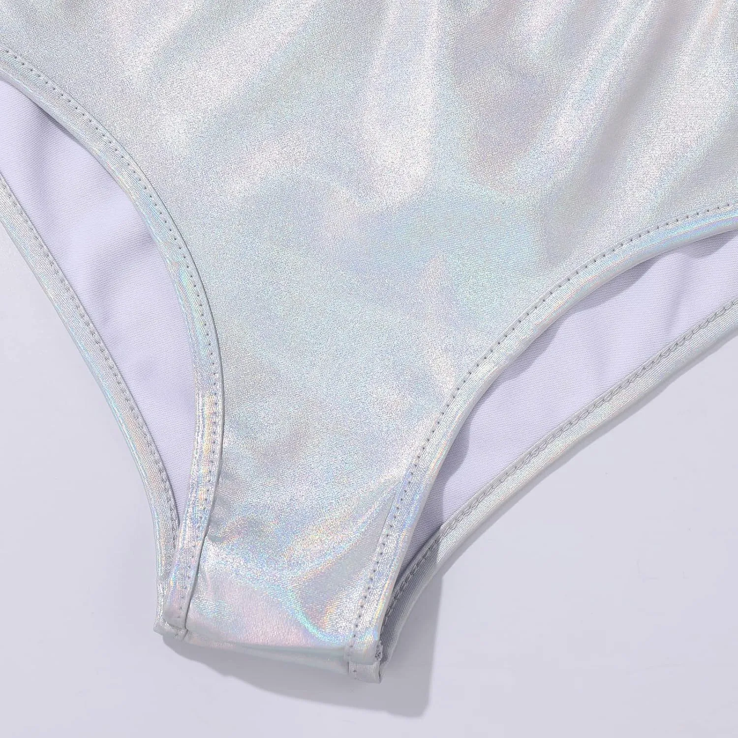 FYMNSI Women Sexy Metallic Bikini Set Shiny Holographic Strapless Bandeau Tube Top Shorts Bottom 2PCS Swimsuit Rave Outfit