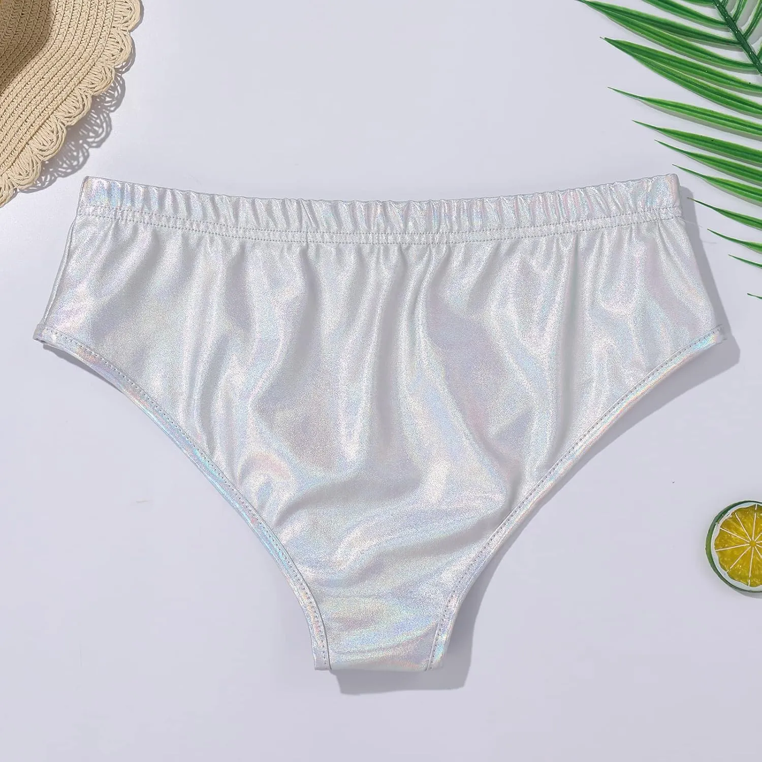 FYMNSI Women Sexy Metallic Bikini Set Shiny Holographic Strapless Bandeau Tube Top Shorts Bottom 2PCS Swimsuit Rave Outfit