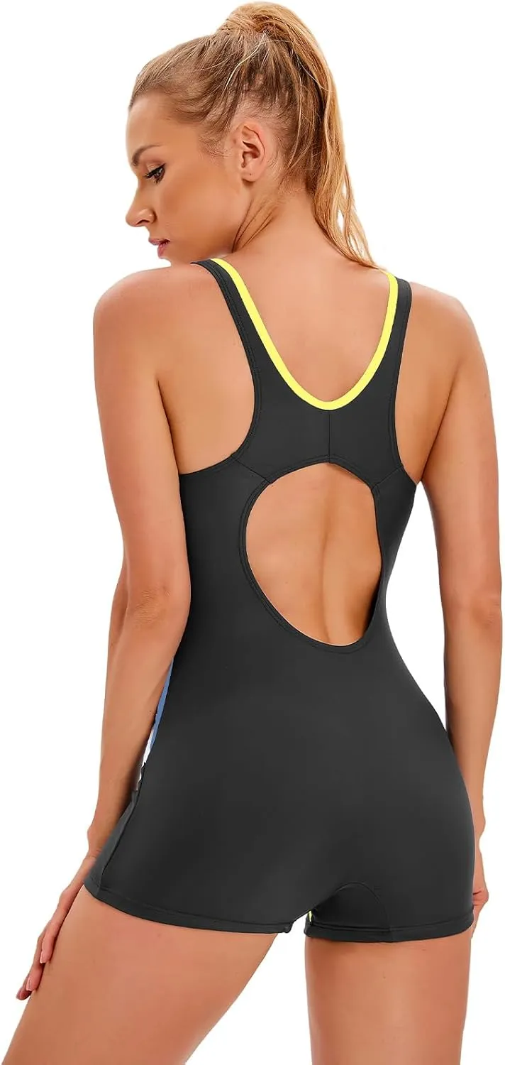 FYMNSI Womens One Piece Swimsuits Athletic Bathing Suit Tummy Control Boyleg Rash Guard Sun Protection Surf Sport Rashguard