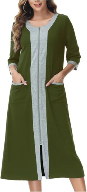 FZYLQY Women's Zip Up Cotton Housecoat Zipper Front Robe Lightweight Bathrobe 3/4 Sleeve Loungewear Nightgowns with Pockets