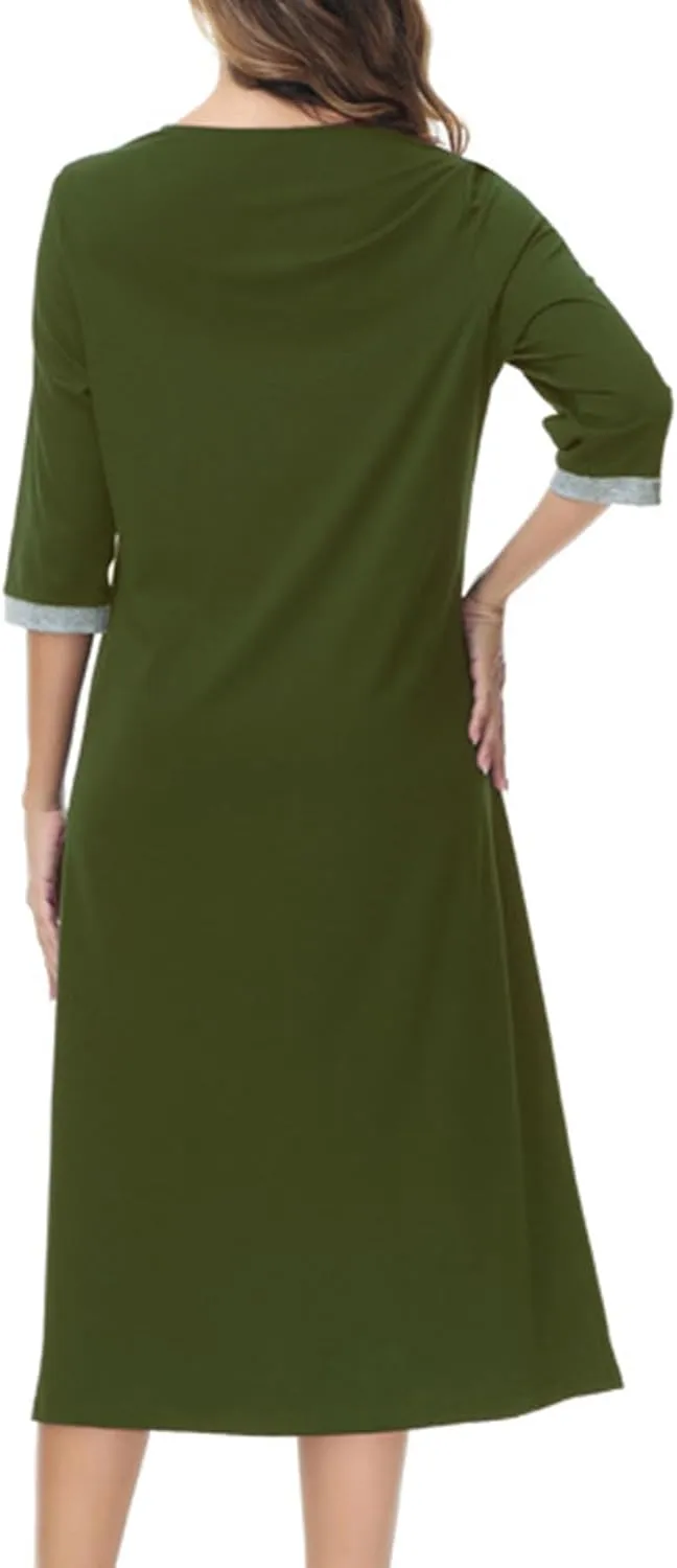 FZYLQY Women's Zip Up Cotton Housecoat Zipper Front Robe Lightweight Bathrobe 3/4 Sleeve Loungewear Nightgowns with Pockets