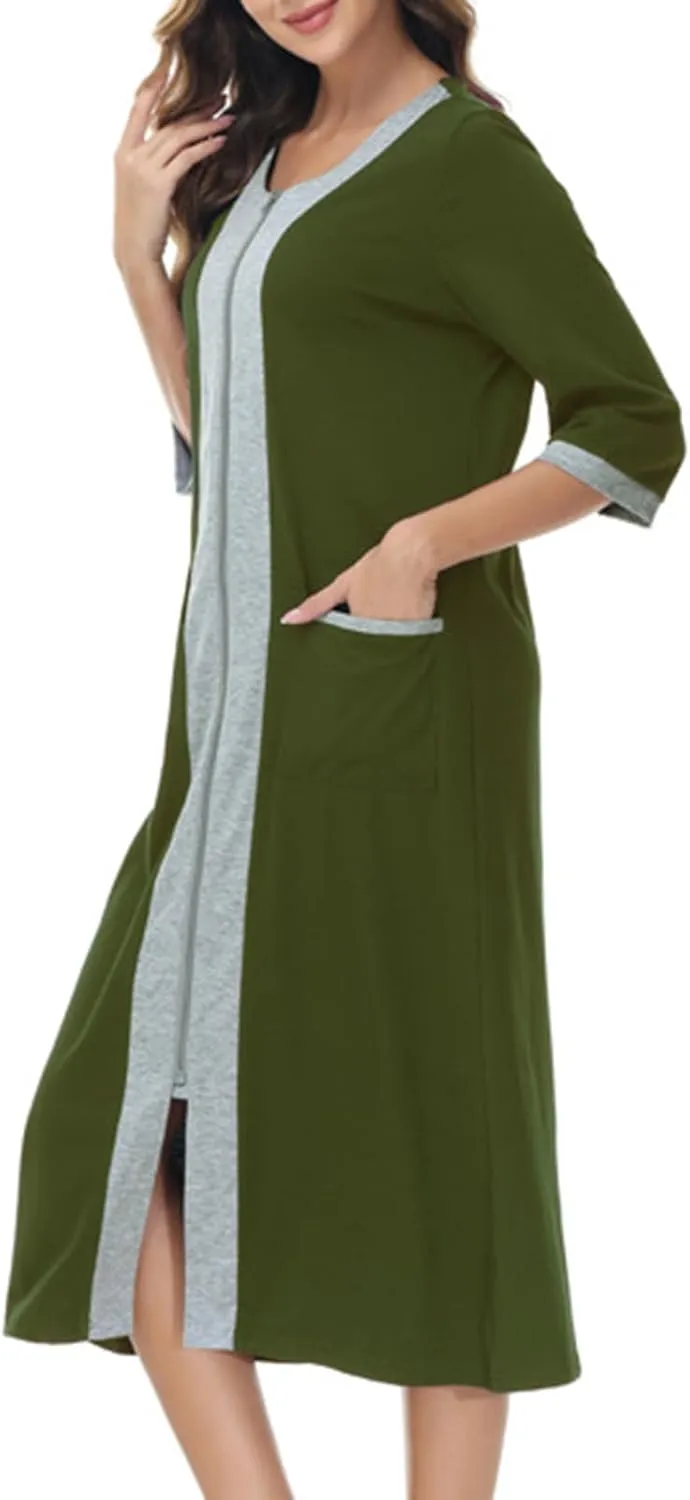 FZYLQY Women's Zip Up Cotton Housecoat Zipper Front Robe Lightweight Bathrobe 3/4 Sleeve Loungewear Nightgowns with Pockets