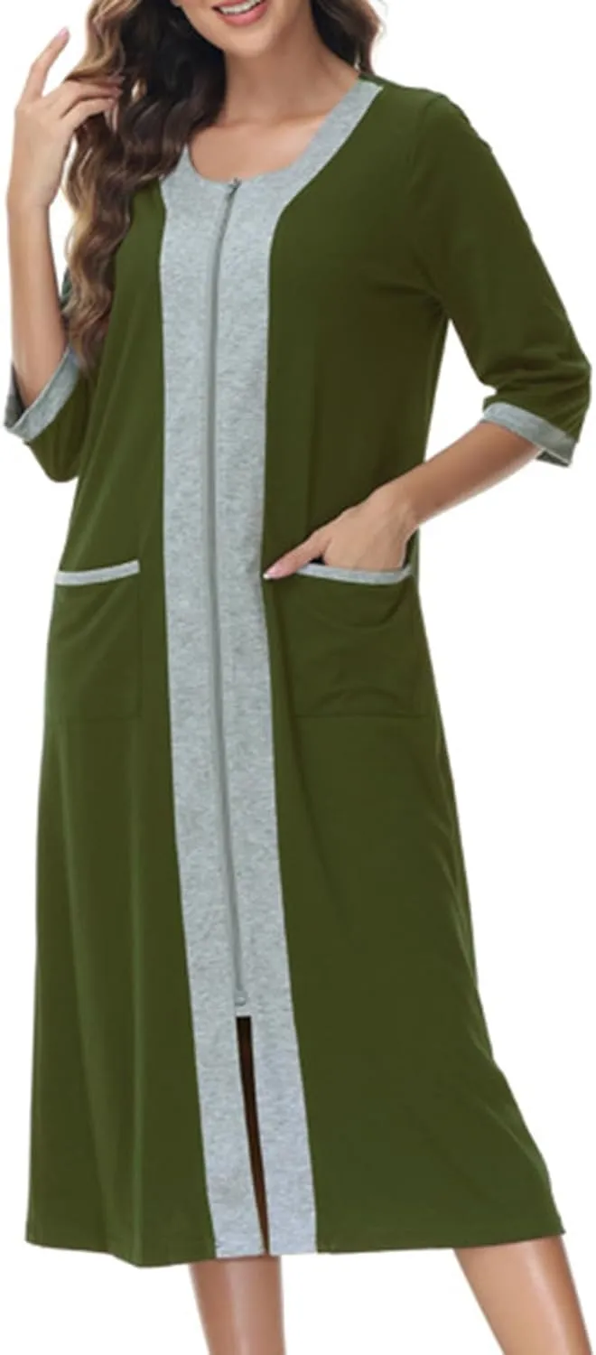 FZYLQY Women's Zip Up Cotton Housecoat Zipper Front Robe Lightweight Bathrobe 3/4 Sleeve Loungewear Nightgowns with Pockets