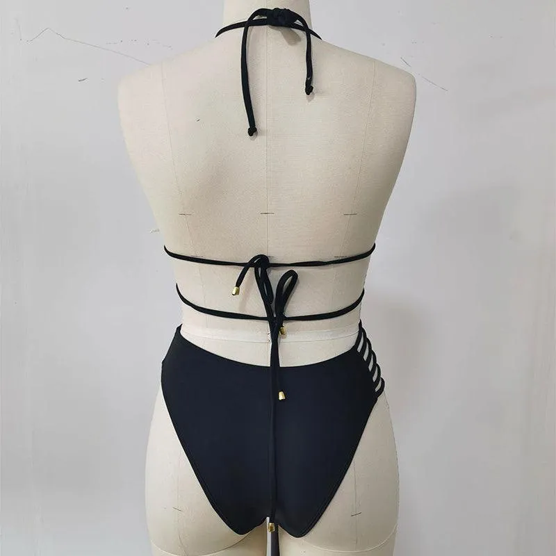 Girls Bikinis – Halter Bikini Top with Cutout Strap Swimsuit Set
