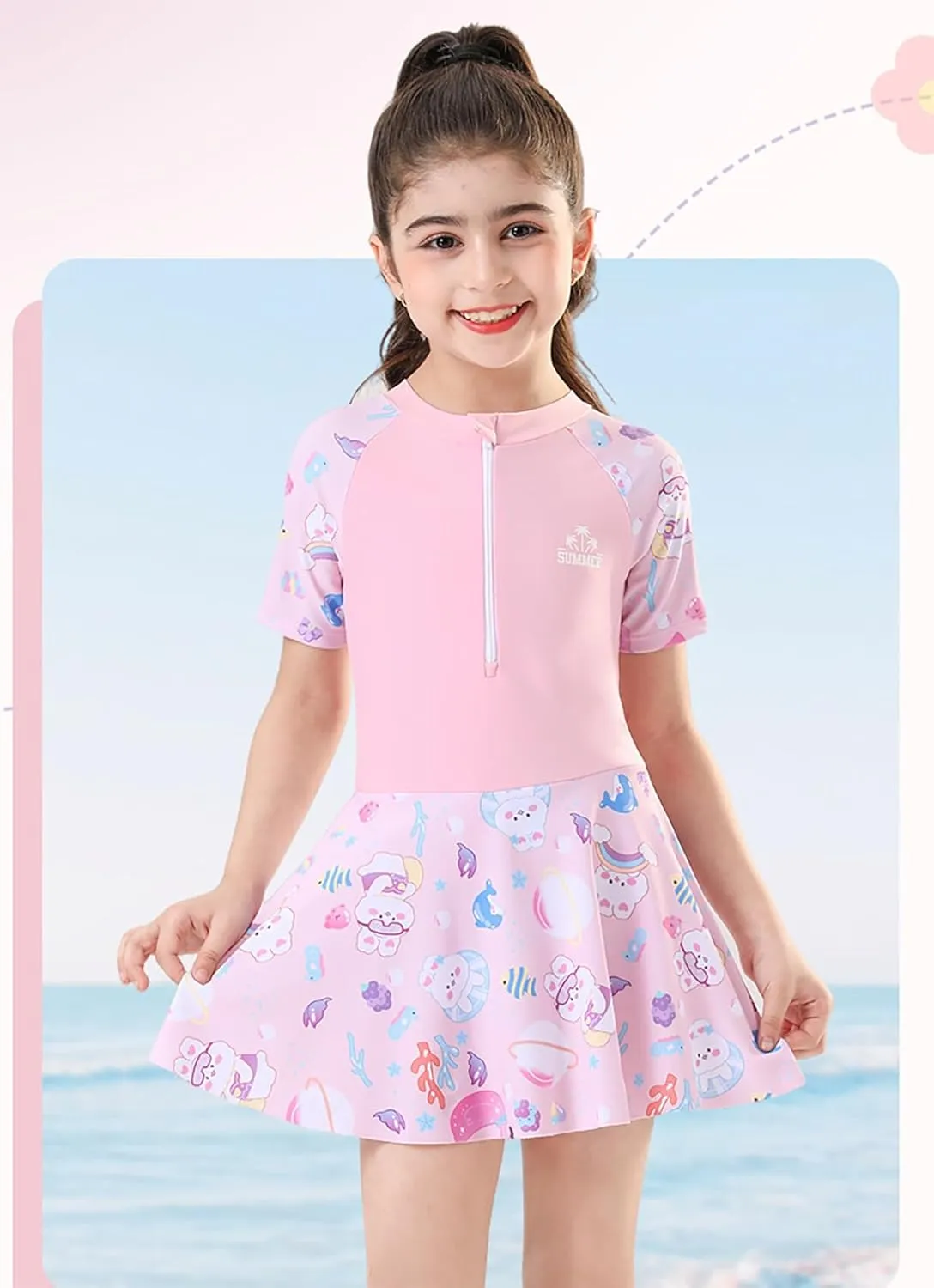 Girls Swimsuit Girls One Piece Skirted Swimsuit Short Sleeve Floral Rash Guard Bathing Suit Swim Dress Swimwear
