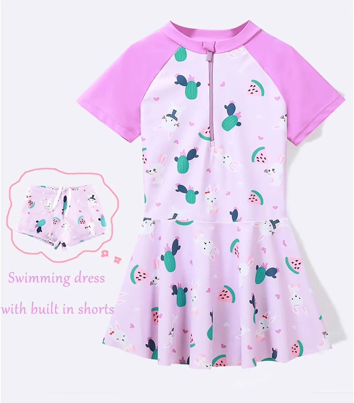 Girls Swimsuit Girls One Piece Skirted Swimsuit Short Sleeve Floral Rash Guard Bathing Suit Swim Dress Swimwear