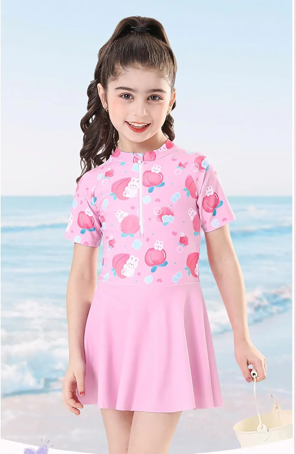 Girls Swimsuit Girls One Piece Skirted Swimsuit Short Sleeve Floral Rash Guard Bathing Suit Swim Dress Swimwear