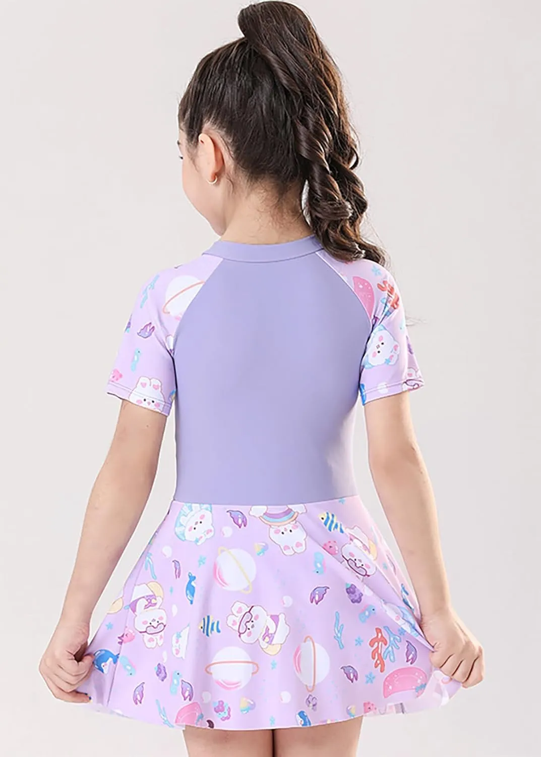 Girls Swimsuit Girls One Piece Skirted Swimsuit Short Sleeve Floral Rash Guard Bathing Suit Swim Dress Swimwear