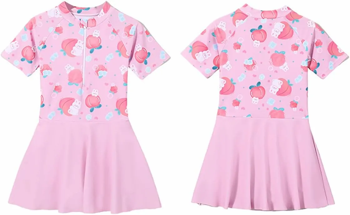 Girls Swimsuit Girls One Piece Skirted Swimsuit Short Sleeve Floral Rash Guard Bathing Suit Swim Dress Swimwear