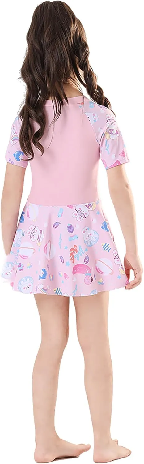 Girls Swimsuit Girls One Piece Skirted Swimsuit Short Sleeve Floral Rash Guard Bathing Suit Swim Dress Swimwear