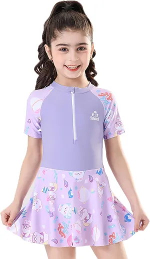 Girls Swimsuit Girls One Piece Skirted Swimsuit Short Sleeve Floral Rash Guard Bathing Suit Swim Dress Swimwear