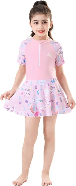 Girls Swimsuit Girls One Piece Skirted Swimsuit Short Sleeve Floral Rash Guard Bathing Suit Swim Dress Swimwear
