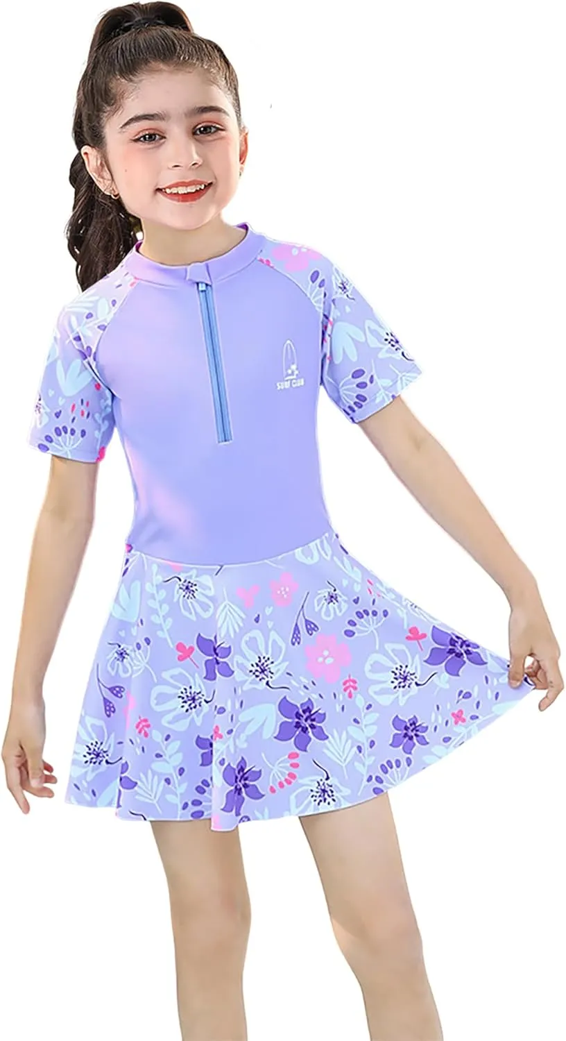 Girls Swimsuit Girls One Piece Skirted Swimsuit Short Sleeve Floral Rash Guard Bathing Suit Swim Dress Swimwear