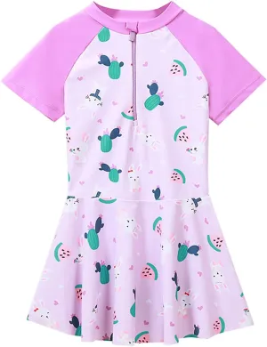 Girls Swimsuit Girls One Piece Skirted Swimsuit Short Sleeve Floral Rash Guard Bathing Suit Swim Dress Swimwear