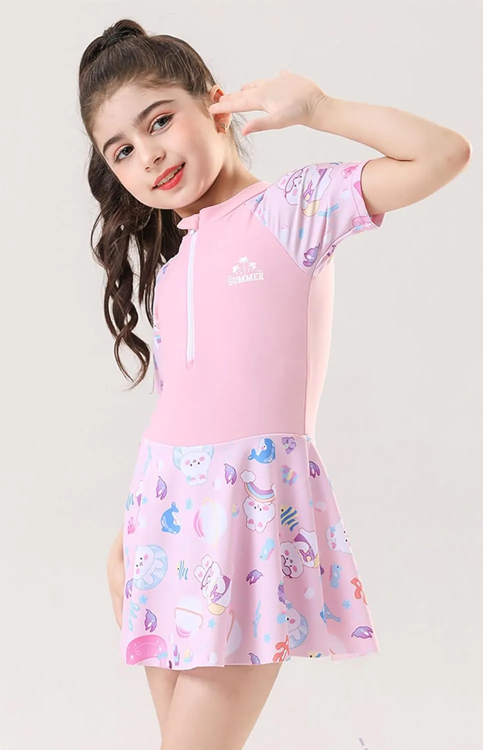 Girls Swimsuit Girls One Piece Skirted Swimsuit Short Sleeve Floral Rash Guard Bathing Suit Swim Dress Swimwear