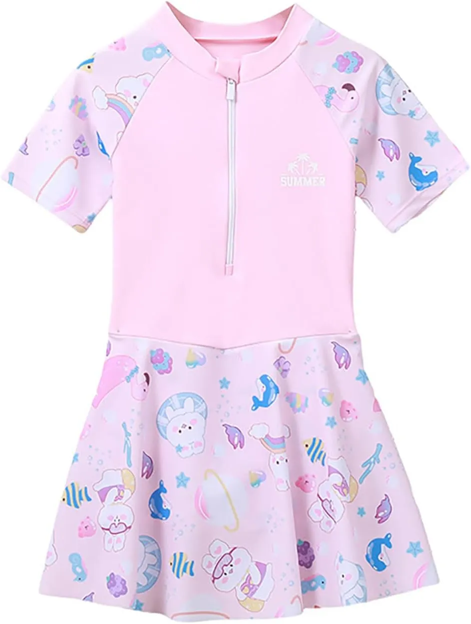 Girls Swimsuit Girls One Piece Skirted Swimsuit Short Sleeve Floral Rash Guard Bathing Suit Swim Dress Swimwear