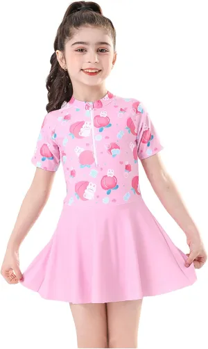 Girls Swimsuit Girls One Piece Skirted Swimsuit Short Sleeve Floral Rash Guard Bathing Suit Swim Dress Swimwear