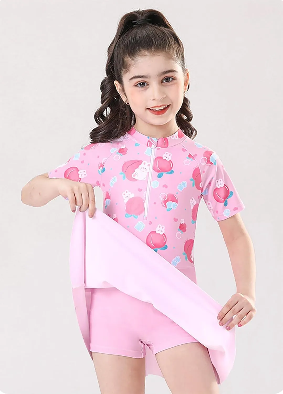 Girls Swimsuit Girls One Piece Skirted Swimsuit Short Sleeve Floral Rash Guard Bathing Suit Swim Dress Swimwear