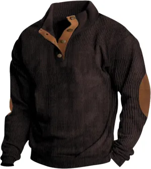 GOFULY Quilted Sweatshirts For Men Corduroy Henley Button Jacket Lightweight Lapel Collar Pullover Long Sleeve Baggy Sweater