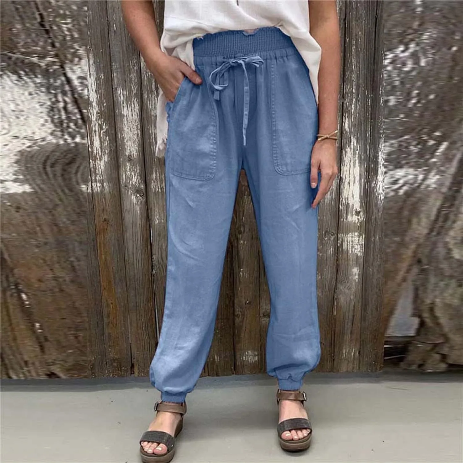GOKKILRW Womens Cotton Linen Baggy Harem Pants Summer Lightweight Tapered Leg Workout Lounge Yoga Palazoo Cropped Pants