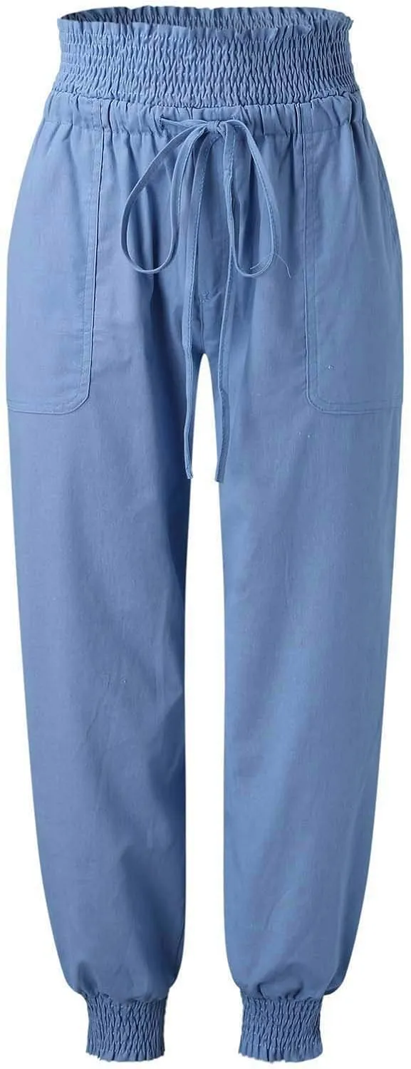 GOKKILRW Womens Cotton Linen Baggy Harem Pants Summer Lightweight Tapered Leg Workout Lounge Yoga Palazoo Cropped Pants
