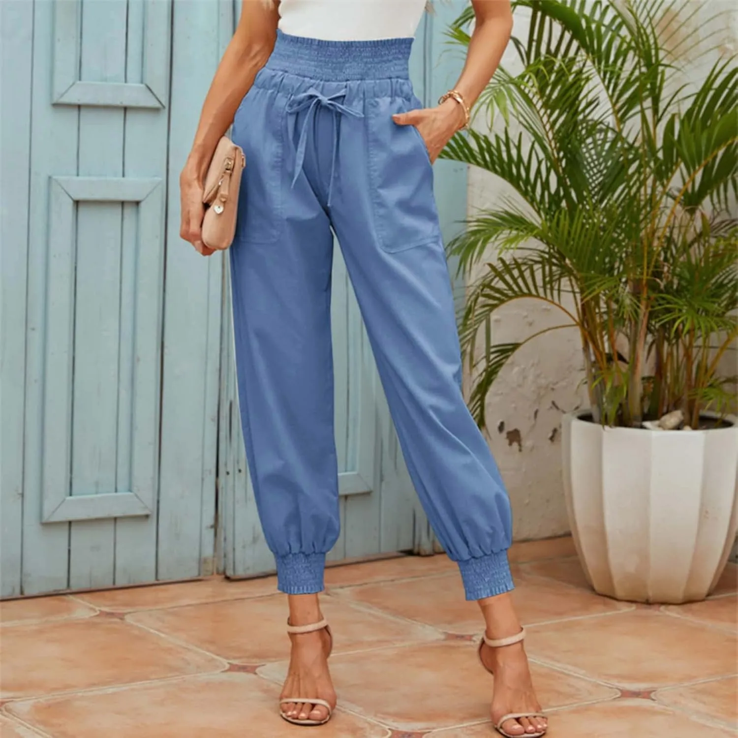 GOKKILRW Womens Cotton Linen Baggy Harem Pants Summer Lightweight Tapered Leg Workout Lounge Yoga Palazoo Cropped Pants