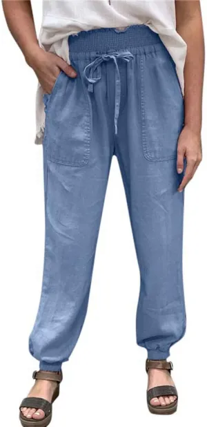 GOKKILRW Womens Cotton Linen Baggy Harem Pants Summer Lightweight Tapered Leg Workout Lounge Yoga Palazoo Cropped Pants