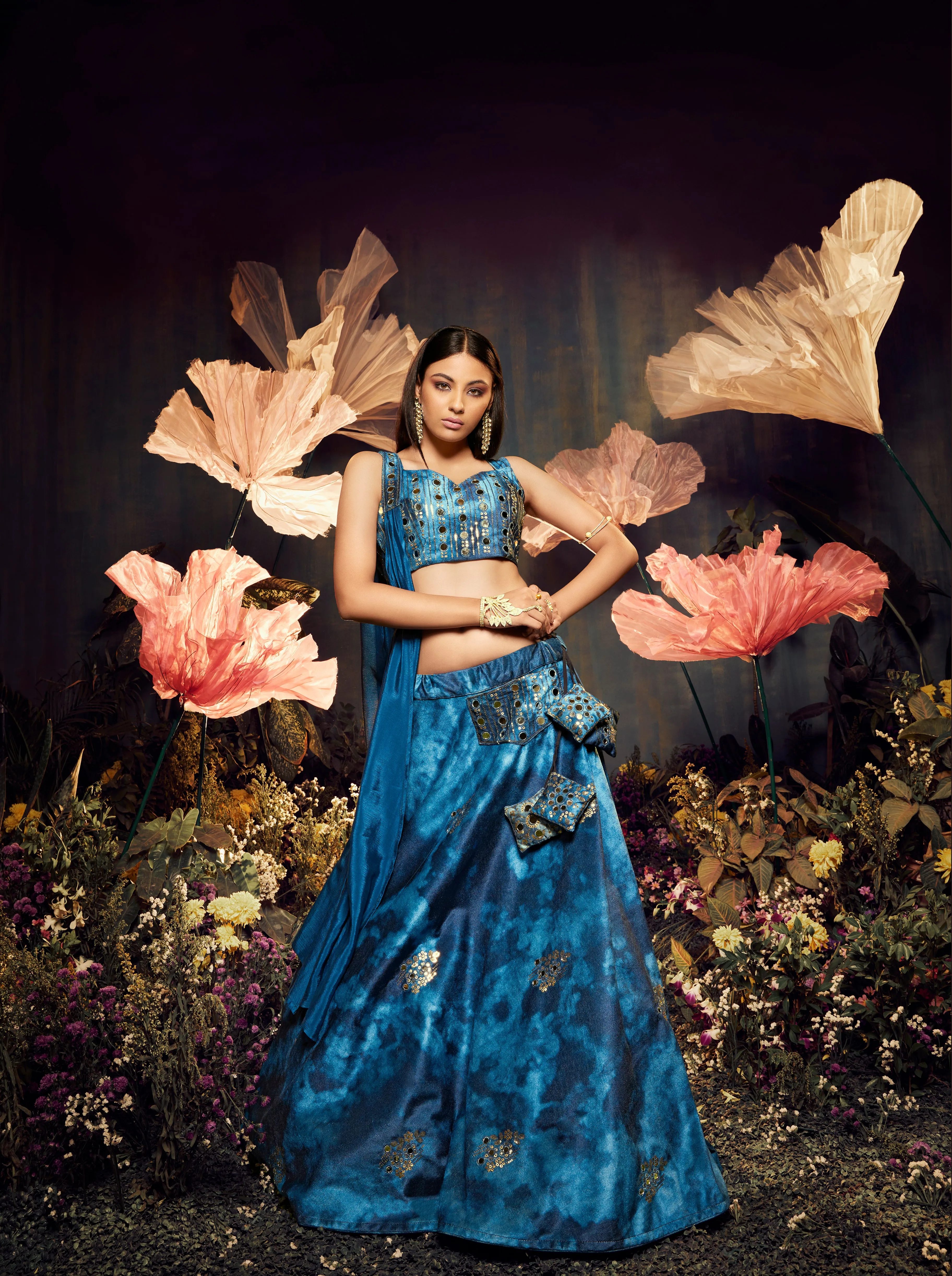 Graceful Blue Sequins & Mirror Velvet Lehenga Choli