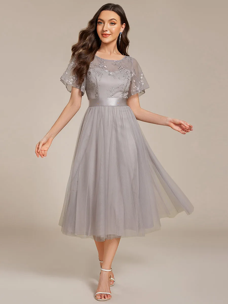 Graceful Embroidery See-through Round Neck Tulle Bridesmaid Dresses