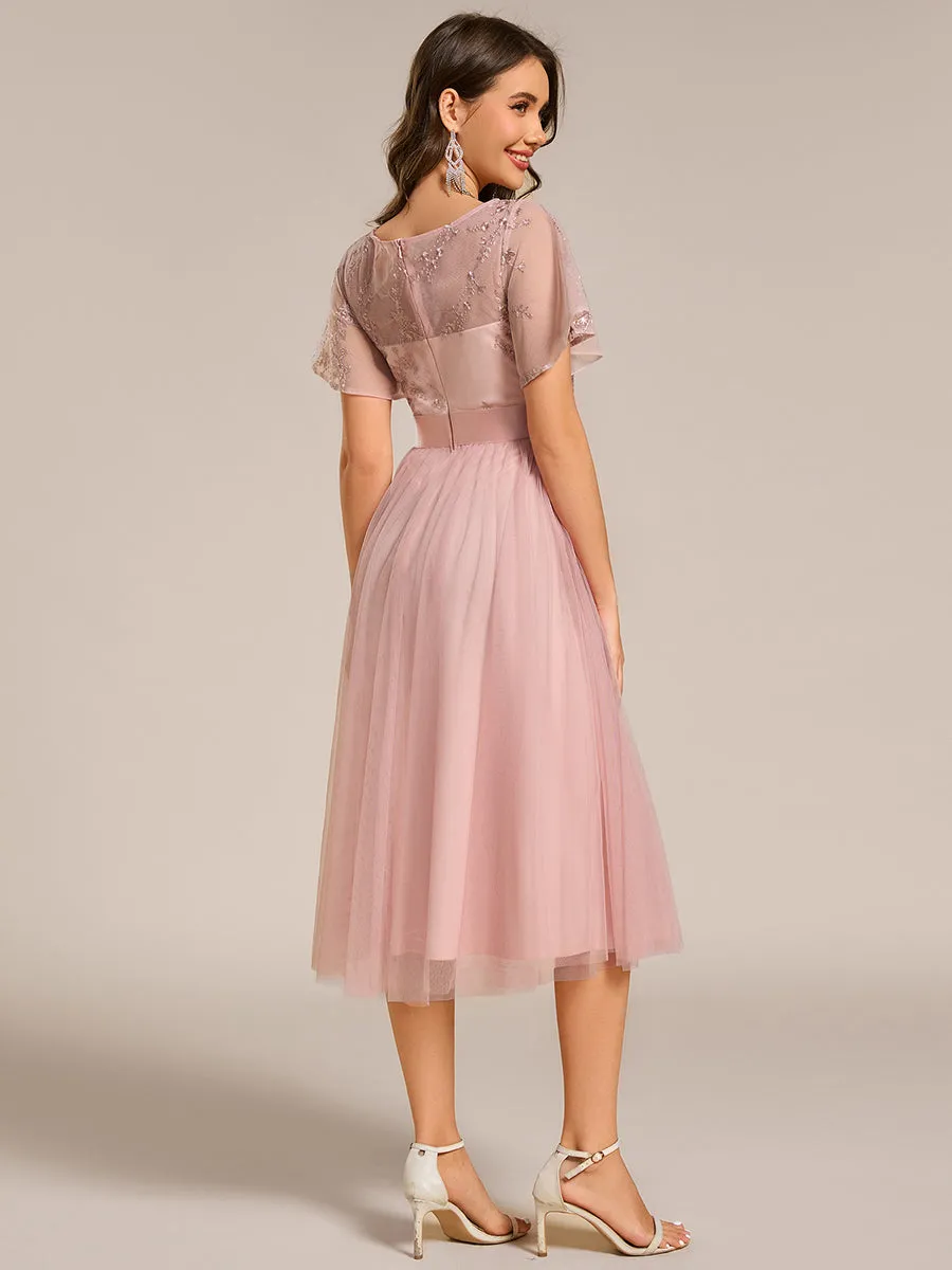 Graceful Embroidery See-through Round Neck Tulle Bridesmaid Dresses