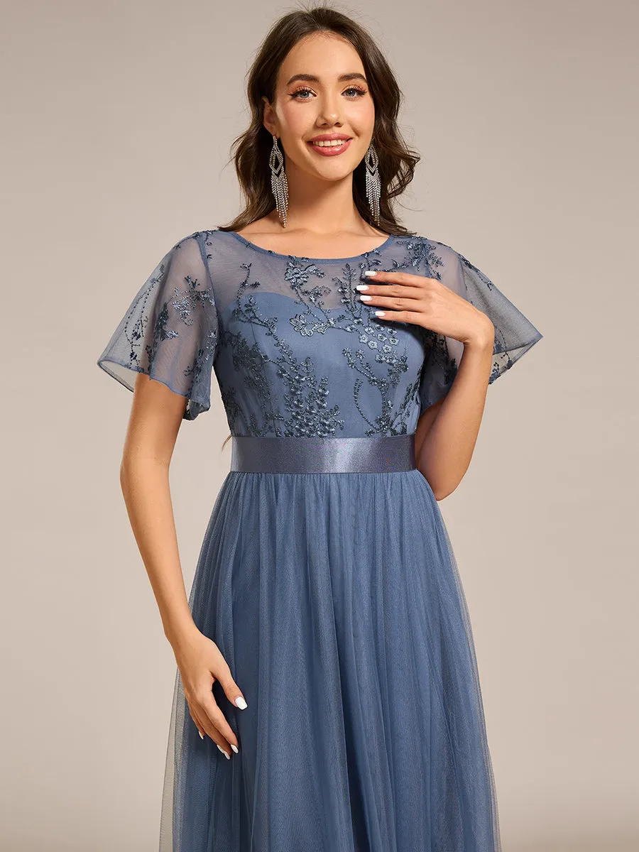 Graceful Embroidery See-through Round Neck Tulle Bridesmaid Dresses