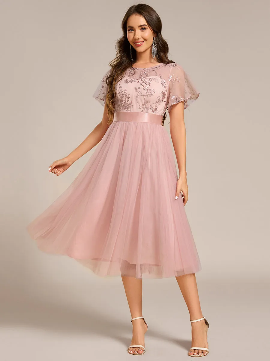 Graceful Embroidery See-through Round Neck Tulle Bridesmaid Dresses