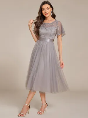 Graceful Embroidery See-through Round Neck Tulle Bridesmaid Dresses