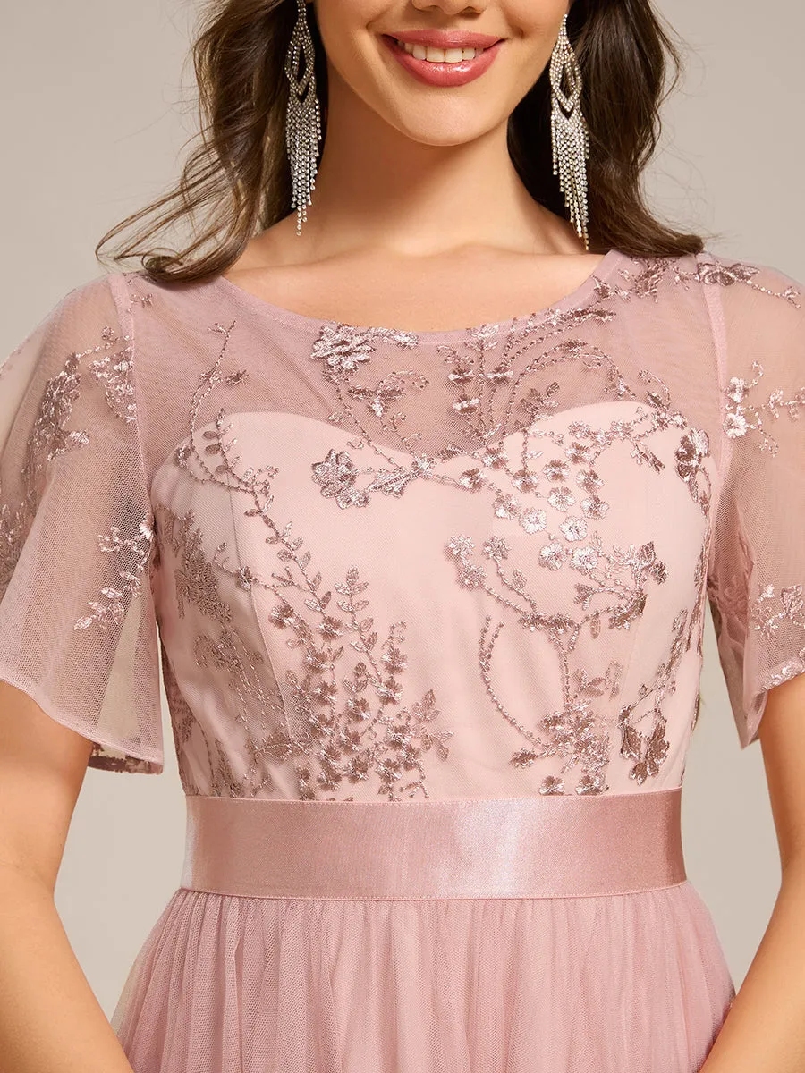 Graceful Embroidery See-through Round Neck Tulle Bridesmaid Dresses