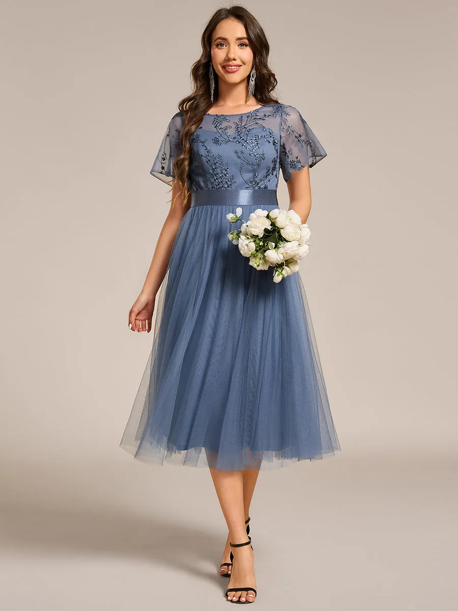 Graceful Embroidery See-through Round Neck Tulle Bridesmaid Dresses