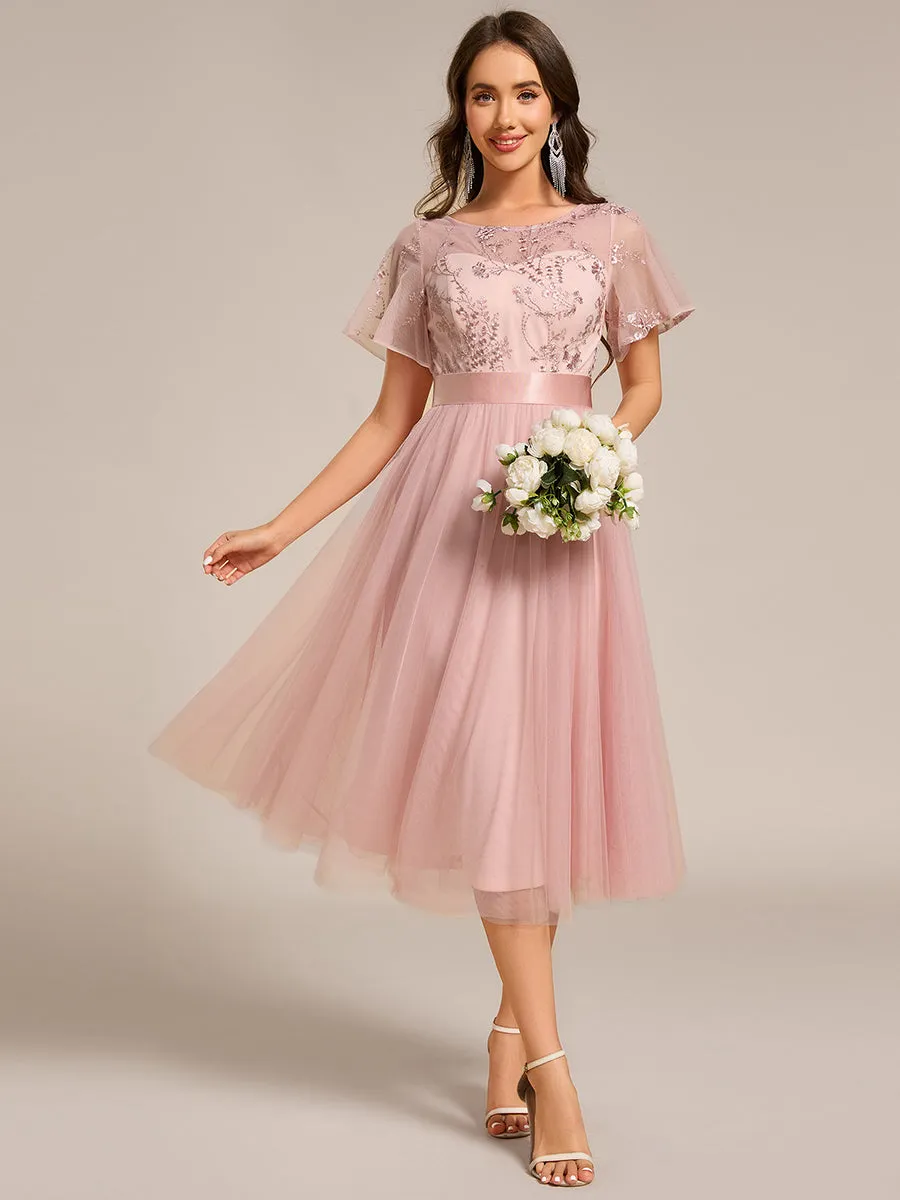 Graceful Embroidery See-through Round Neck Tulle Bridesmaid Dresses