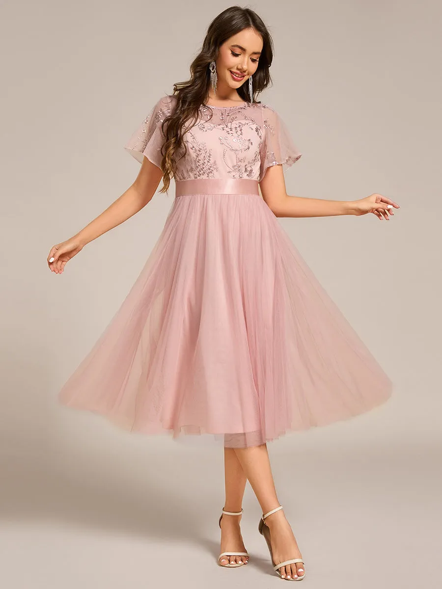 Graceful Embroidery See-through Round Neck Tulle Bridesmaid Dresses