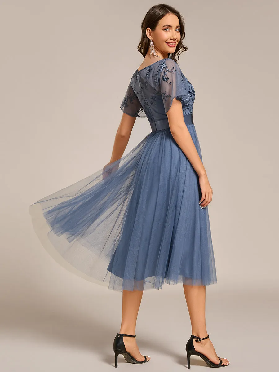 Graceful Embroidery See-through Round Neck Tulle Bridesmaid Dresses