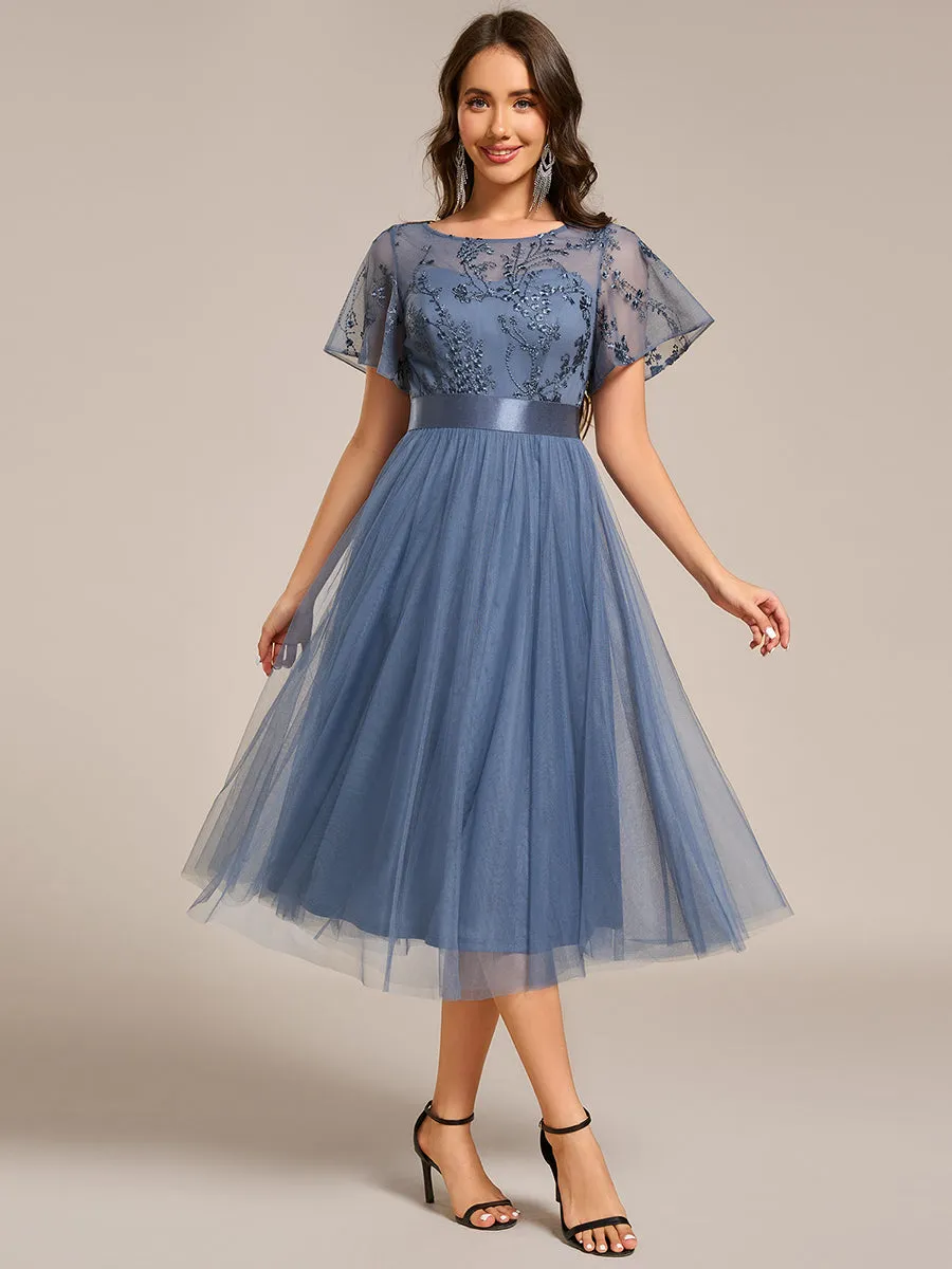 Graceful Embroidery See-through Round Neck Tulle Bridesmaid Dresses