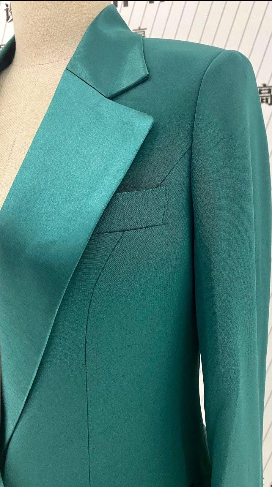 Green Silk Satin Women Pant Suit - Lapel Collar Trouser Suit