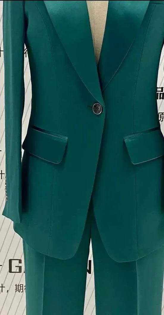 Green Silk Satin Women Pant Suit - Lapel Collar Trouser Suit