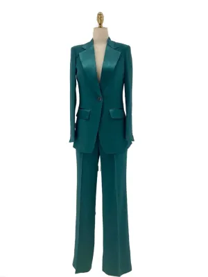 Green Silk Satin Women Pant Suit - Lapel Collar Trouser Suit