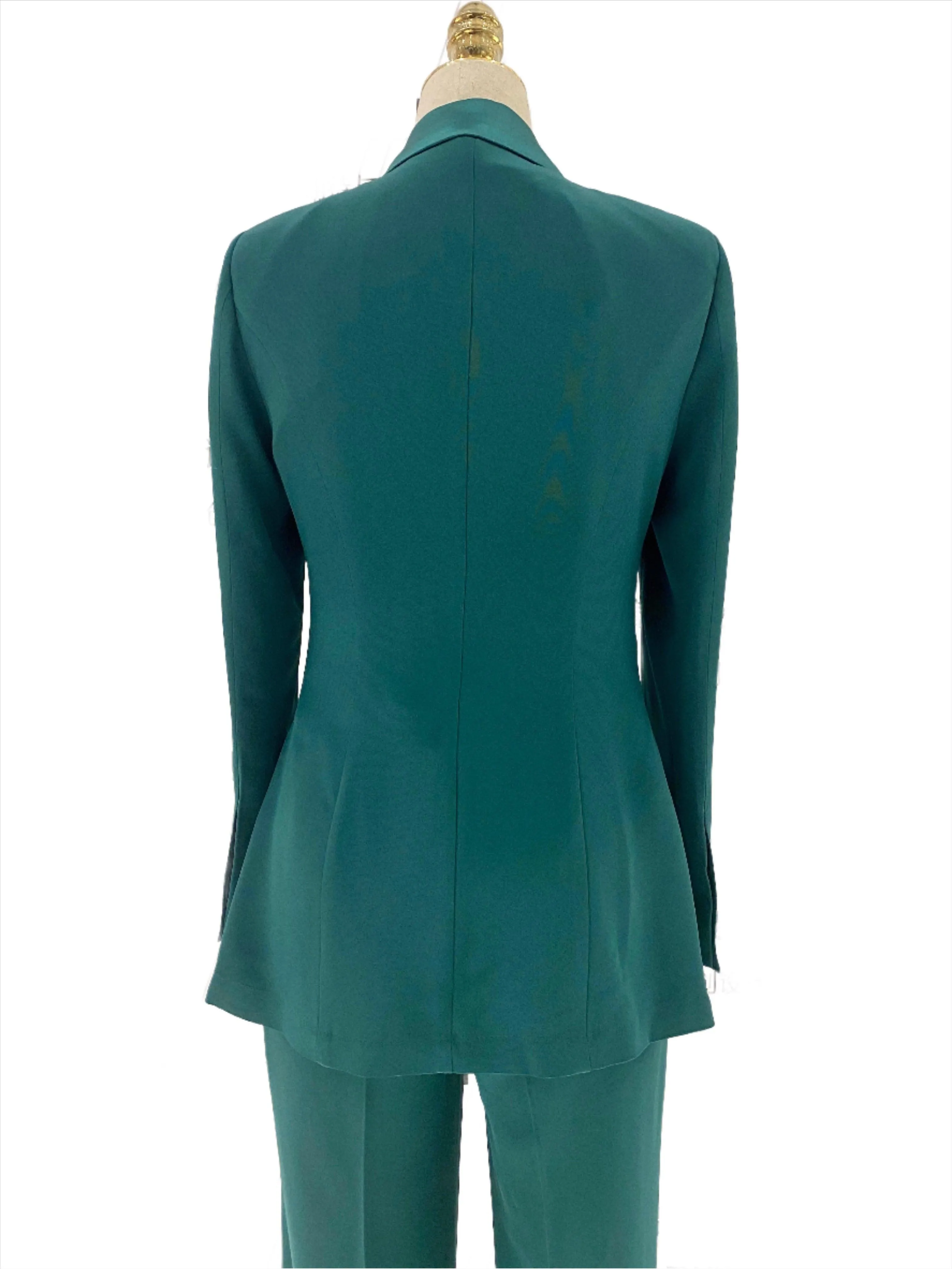 Green Silk Satin Women Pant Suit - Lapel Collar Trouser Suit